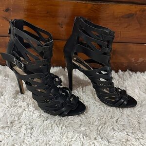 CHIC  Black Strappy Sexy Whimsigoth Feminine Heels Sz 7